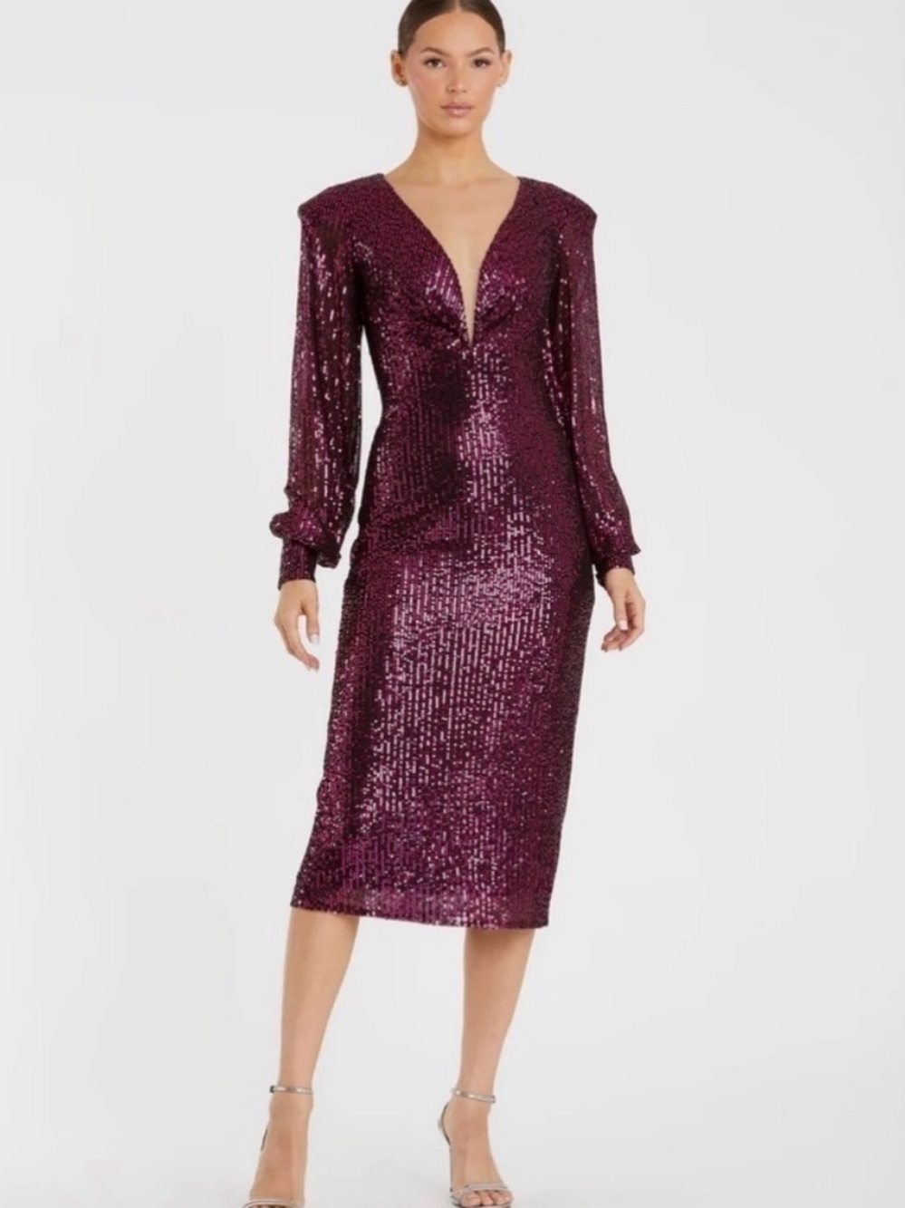 Mac Duggal Magenta Sequin Midi Dress with Puff Sleeves - Picture 3 of 6